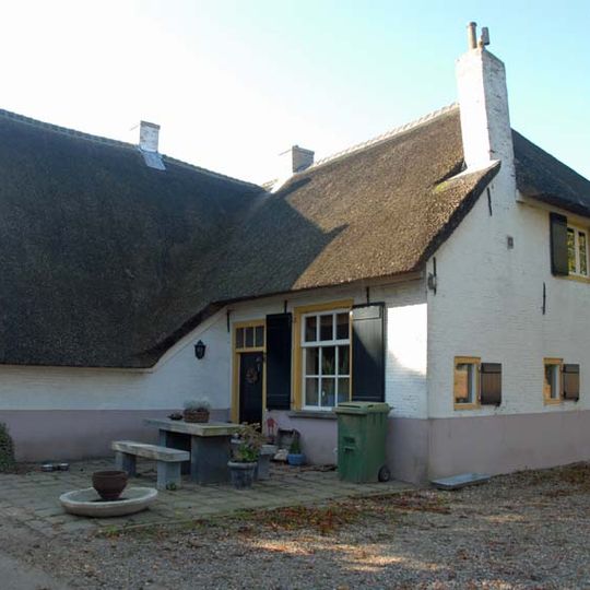 Huis op L-vormige plattegrond met topgevel aan de linkervleugel, wolfdak op de rechtervleugel; met riet gedekt; de gevels geelwit gesausd; achtdelige schuiframen.