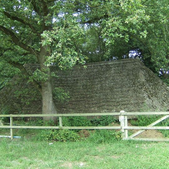 Langwerpig zeszijdig schapenschot onder rieten dak en met lemen wanden