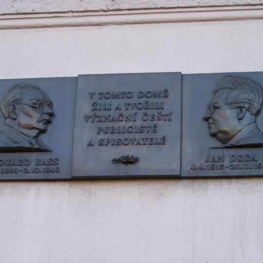 Pamětní deska Eduarda Basse a Jana Drdy v Resslově ulici v Praze
