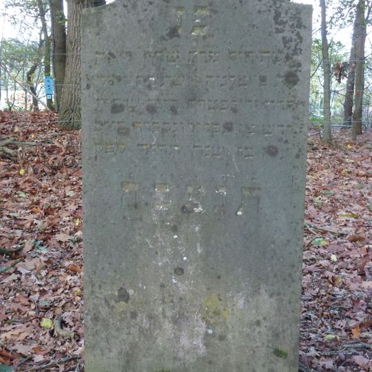 Joodse begraafplaats: hardstenen staande grafmonument met een gelobde top en een inscriptie in de Hebreeuwse taal