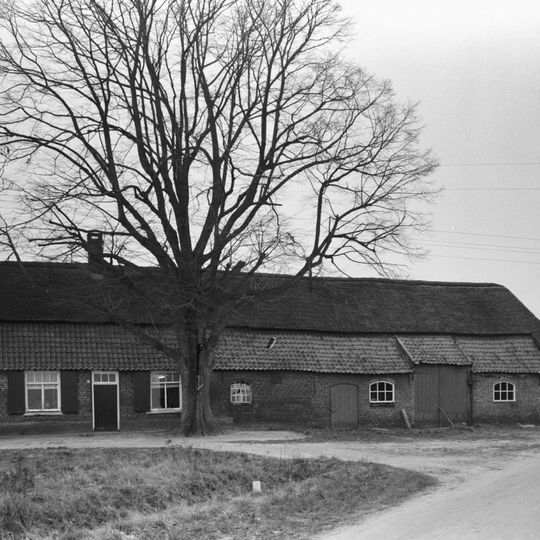 Boerderij van het Kempische langgeveltype, rieten wolfdak met voet van pannen, in de kopgevel in baksteen