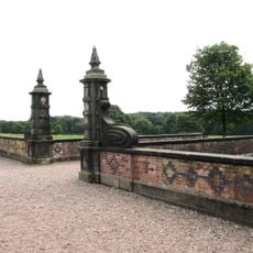 Forecourt walls and gate piers before at Arley Hall (south front)