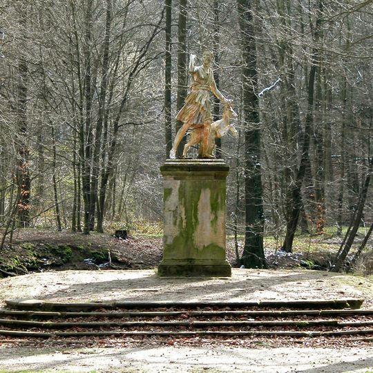 Sachgesamtheit Rittergut und Park Dittersbach, mit folgenden Einzeldenkmalen: 1. Schloss mit südlich gelegenem Wassergraben, zwei westliche und ein nördliches Wirtschaftsgebäude sowie im Gutspark Tempel, zwei Statuen (Diana un