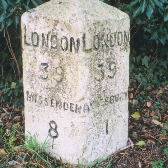 Milestone, Wendover Road; Bedgrove, by bus stop shelter, E of jct with Elm Farm Road