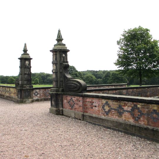 Forecourt walls and gate piers before at Arley Hall