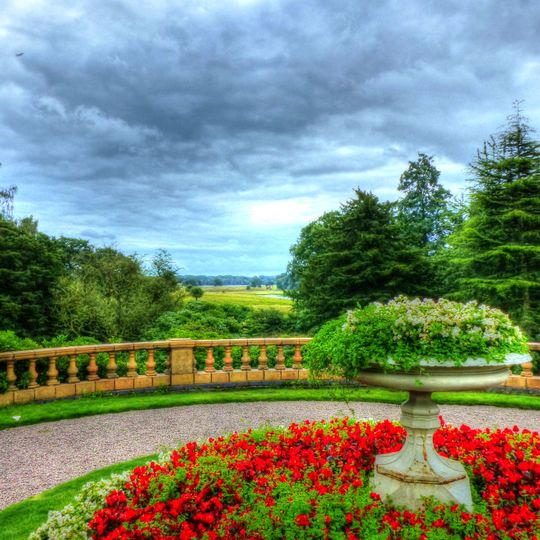 Wall and balustrade of Lower Terrace. Garden before south front of Tatton Hall