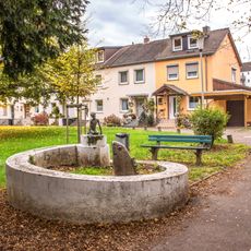 Knabe an Brunnen mit Fisch