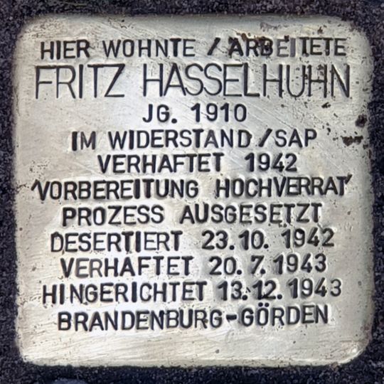 Stolperstein für Fritz Hasselhuhn